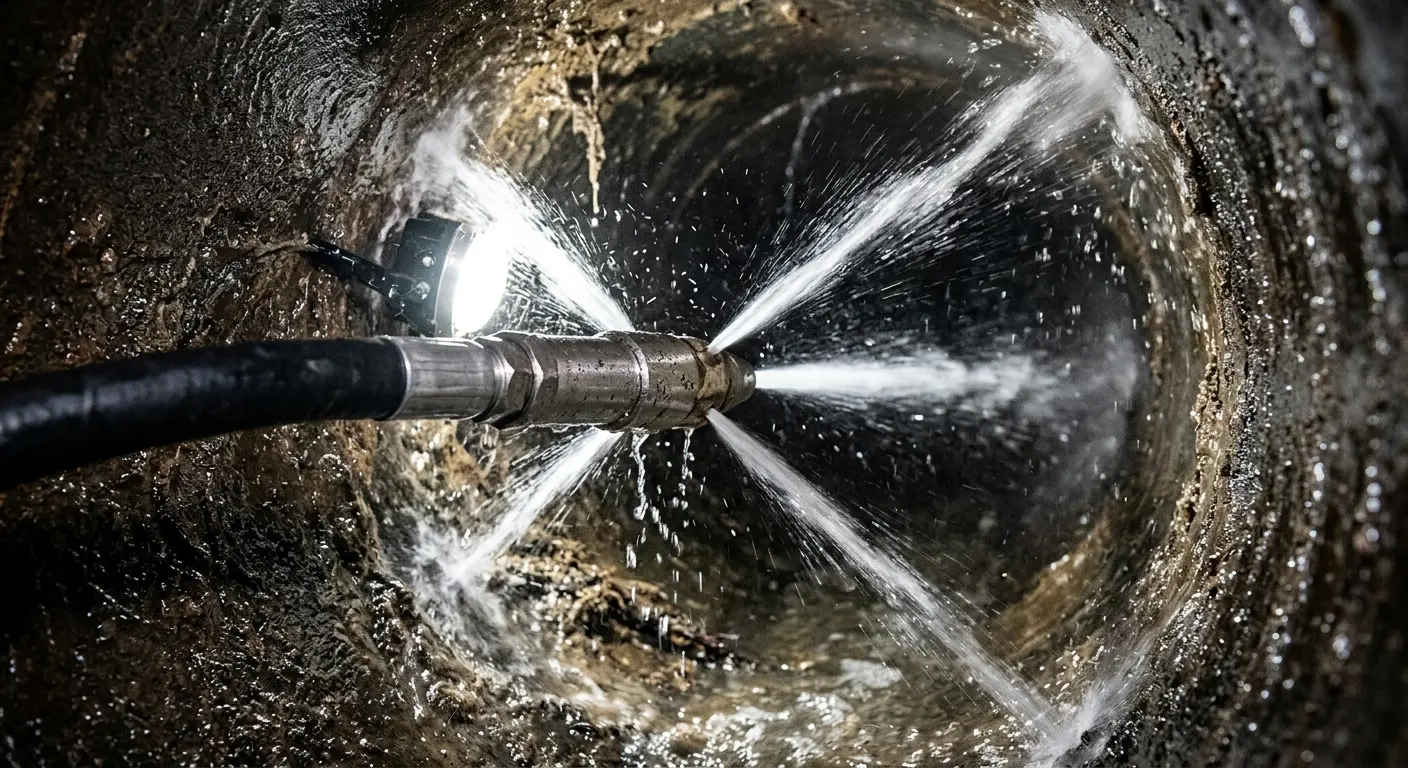 High-pressure hydro jetting nozzle cleaning sewer pipe for Emergency Drain Service in Fairburn