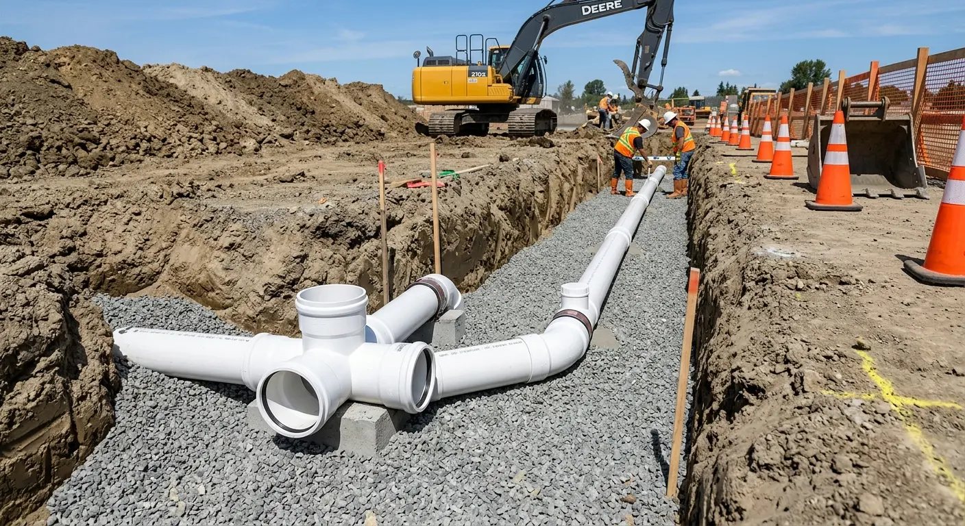 New PVC sewer pipe installation in open trench for Commercial Drain Cleaning in Fairburn