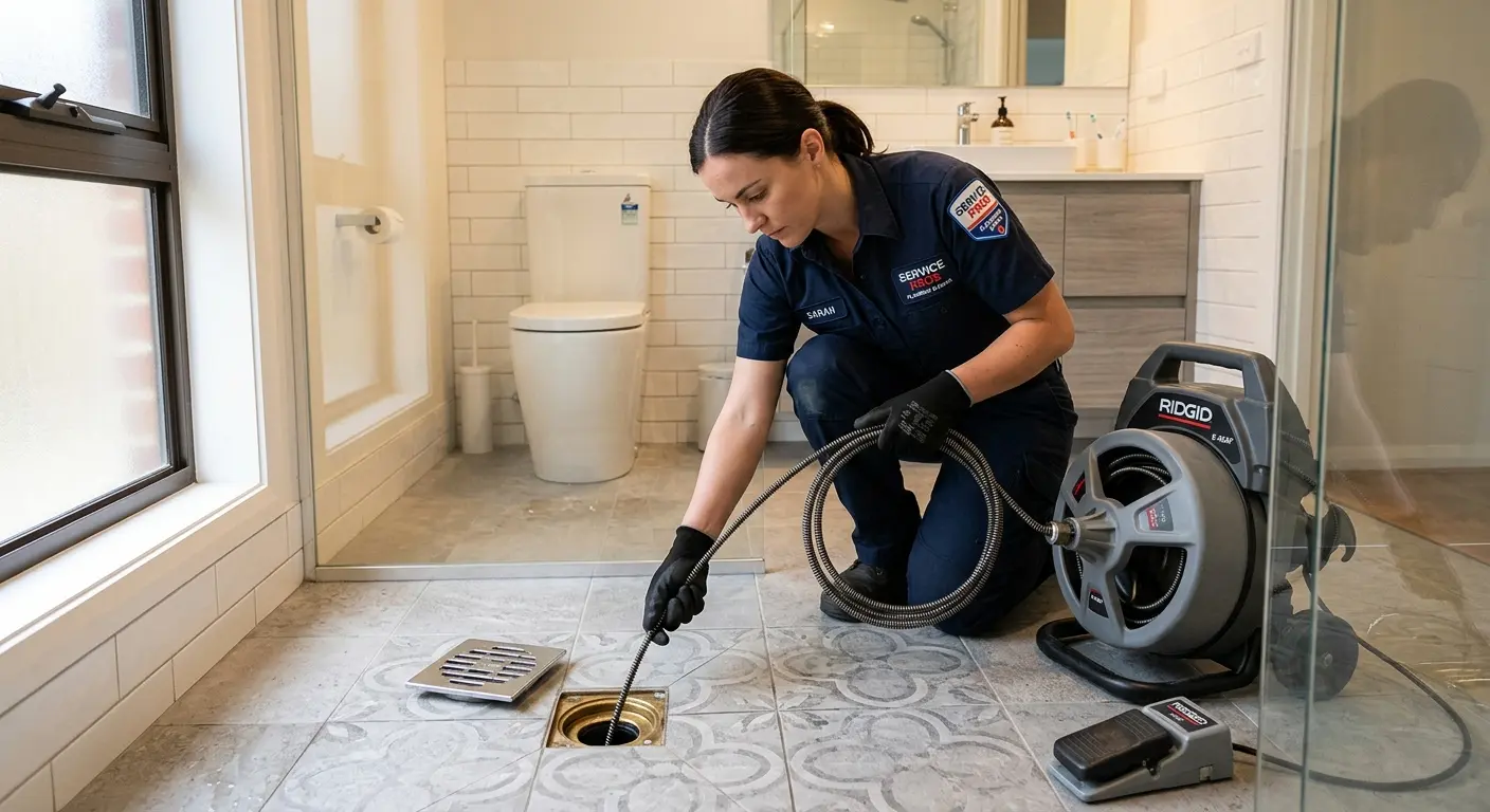 Technician clearing a bathroom floor drain for Drain Cleaning in Fairburn